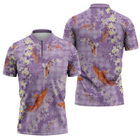 Purple Palaka Hawaiian And Japanese Zipper Polo Shirt Sakura Lei With Koi Fish - Polynesian Pride