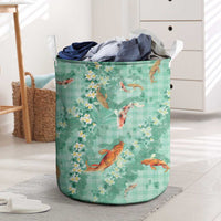 Green Palaka Hawaiian And Japanese Laundry Basket Sakura Lei With Koi Fish - Polynesian Pride
