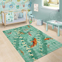 Green Palaka Hawaiian And Japanese Area Rug Sakura Lei With Koi Fish - Polynesian Pride