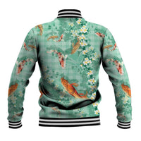 Green Palaka Hawaiian And Japanese Baseball Jacket Sakura Lei With Koi Fish - Polynesian Pride