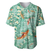 Green Palaka Hawaiian And Japanese Baseball Jersey Sakura Lei With Koi Fish - Polynesian Pride