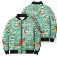 Green Palaka Hawaiian And Japanese Bomber Puffer Jacket Sakura Lei With Koi Fish - Polynesian Pride