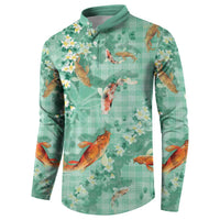 Green Palaka Hawaiian And Japanese Button Sweatshirt Sakura Lei With Koi Fish - Polynesian Pride