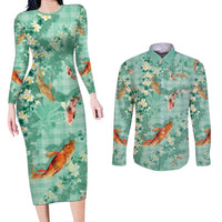 Green Palaka Hawaiian And Japanese Couples Matching Long Sleeve Bodycon Dress and Long Sleeve Button Shirt Sakura Lei With Koi Fish - Polynesian Pride