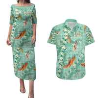 Green Palaka Hawaiian And Japanese Couples Matching Puletasi and Hawaiian Shirt Sakura Lei With Koi Fish DT05 Green - Polynesian Pride