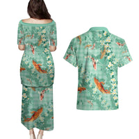 Green Palaka Hawaiian And Japanese Couples Matching Puletasi and Hawaiian Shirt Sakura Lei With Koi Fish DT05 - Polynesian Pride