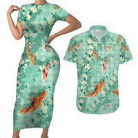 Green Palaka Hawaiian And Japanese Couples Matching Short Sleeve Bodycon Dress and Hawaiian Shirt Sakura Lei With Koi Fish - Polynesian Pride