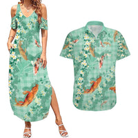 Green Palaka Hawaiian And Japanese Couples Matching Summer Maxi Dress and Hawaiian Shirt Sakura Lei With Koi Fish - Polynesian Pride