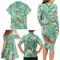 Green Palaka Hawaiian And Japanese Family Matching Long Sleeve Bodycon Dress and Hawaiian Shirt Sakura Lei With Koi Fish - Polynesian Pride