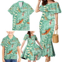 Green Palaka Hawaiian And Japanese Family Matching Mermaid Dress and Hawaiian Shirt Sakura Lei With Koi Fish DT05 - Polynesian Pride