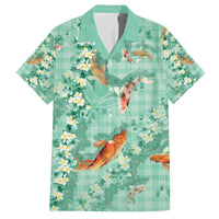 Green Palaka Hawaiian And Japanese Family Matching Off The Shoulder Long Sleeve Dress and Hawaiian Shirt Sakura Lei With Koi Fish - Polynesian Pride