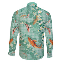 Green Palaka Hawaiian And Japanese Family Matching Off The Shoulder Long Sleeve Dress and Hawaiian Shirt Sakura Lei With Koi Fish - Polynesian Pride