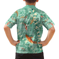 Green Palaka Hawaiian And Japanese Family Matching Off Shoulder Maxi Dress and Hawaiian Shirt Sakura Lei With Koi Fish DT05 - Polynesian Pride