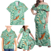 Green Palaka Hawaiian And Japanese Family Matching Off Shoulder Maxi Dress and Hawaiian Shirt Sakura Lei With Koi Fish - Polynesian Pride