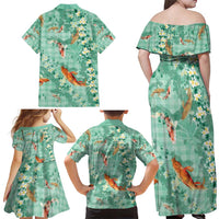 Green Palaka Hawaiian And Japanese Family Matching Off Shoulder Maxi Dress and Hawaiian Shirt Sakura Lei With Koi Fish DT05 - Polynesian Pride