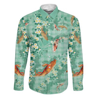 Green Palaka Hawaiian And Japanese Family Matching Off Shoulder Maxi Dress and Hawaiian Shirt Sakura Lei With Koi Fish DT05 Dad's Shirt - Long Sleeve Green - Polynesian Pride