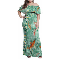 Green Palaka Hawaiian And Japanese Family Matching Off Shoulder Maxi Dress and Hawaiian Shirt Sakura Lei With Koi Fish DT05 Mom's Dress Green - Polynesian Pride