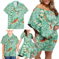 Green Palaka Hawaiian And Japanese Family Matching Off Shoulder Short Dress and Hawaiian Shirt Sakura Lei With Koi Fish - Polynesian Pride