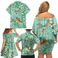 Green Palaka Hawaiian And Japanese Family Matching Off Shoulder Short Dress and Hawaiian Shirt Sakura Lei With Koi Fish - Polynesian Pride