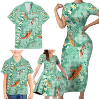 Green Palaka Hawaiian And Japanese Family Matching Short Sleeve Bodycon Dress and Hawaiian Shirt Sakura Lei With Koi Fish DT05 - Polynesian Pride