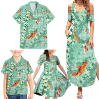 Green Palaka Hawaiian And Japanese Family Matching Summer Maxi Dress and Hawaiian Shirt Sakura Lei With Koi Fish DT05 - Polynesian Pride