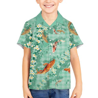 Green Palaka Hawaiian And Japanese Family Matching Summer Maxi Dress and Hawaiian Shirt Sakura Lei With Koi Fish DT05 Son's Shirt Green - Polynesian Pride