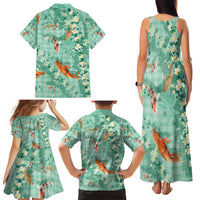 Green Palaka Hawaiian And Japanese Family Matching Tank Maxi Dress and Hawaiian Shirt Sakura Lei With Koi Fish DT05 - Polynesian Pride