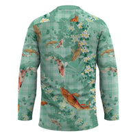Green Palaka Hawaiian And Japanese Hockey Jersey Sakura Lei With Koi Fish - Polynesian Pride