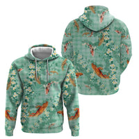 Green Palaka Hawaiian And Japanese Hoodie Sakura Lei With Koi Fish - Polynesian Pride