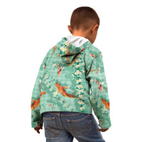 Green Palaka Hawaiian And Japanese Kid Hoodie Sakura Lei With Koi Fish - Polynesian Pride