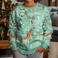 Green Palaka Hawaiian And Japanese Kid Ugly Christmas Sweater Sakura Lei With Koi Fish - Polynesian Pride