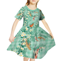 Green Palaka Hawaiian And Japanese Kid Short Sleeve Dress Sakura Lei With Koi Fish - Polynesian Pride