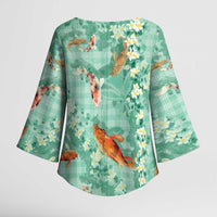 Green Palaka Hawaiian And Japanese Kimono Sleeve Blouse Sakura Lei With Koi Fish - Polynesian Pride