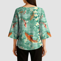 Green Palaka Hawaiian And Japanese Kimono Sleeve Blouse Sakura Lei With Koi Fish - Polynesian Pride