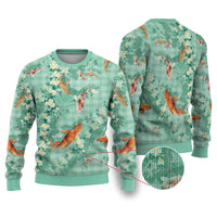Green Palaka Hawaiian And Japanese Ugly Christmas Sweater Sakura Lei With Koi Fish - Polynesian Pride