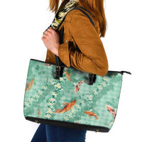 Green Palaka Hawaiian And Japanese Leather Tote Bag Sakura Lei With Koi Fish - Polynesian Pride