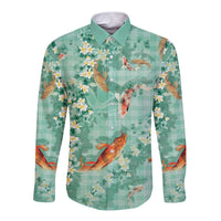 Green Palaka Hawaiian And Japanese Long Sleeve Button Shirt Sakura Lei With Koi Fish - Polynesian Pride
