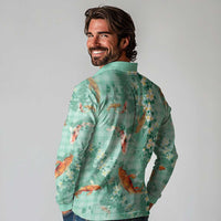 Green Palaka Hawaiian And Japanese Long Sleeve Polo Shirt Sakura Lei With Koi Fish - Polynesian Pride