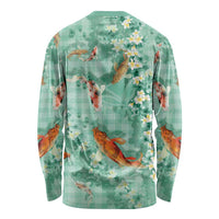 Green Palaka Hawaiian And Japanese Long Sleeve Shirt Sakura Lei With Koi Fish - Polynesian Pride