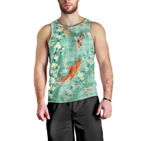 Green Palaka Hawaiian And Japanese Men Tank Top Sakura Lei With Koi Fish - Polynesian Pride