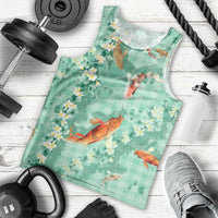 Green Palaka Hawaiian And Japanese Men Tank Top Sakura Lei With Koi Fish - Polynesian Pride