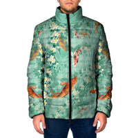 Green Palaka Hawaiian And Japanese Padded Jacket Sakura Lei With Koi Fish - Polynesian Pride