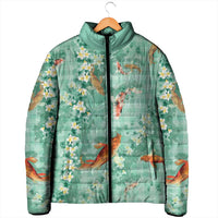 Green Palaka Hawaiian And Japanese Padded Jacket Sakura Lei With Koi Fish - Polynesian Pride