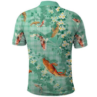 Green Palaka Hawaiian And Japanese Polo Shirt Sakura Lei With Koi Fish - Polynesian Pride