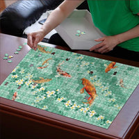 Green Palaka Hawaiian And Japanese Puzzle Sakura Lei With Koi Fish - Polynesian Pride
