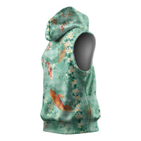 Green Palaka Hawaiian And Japanese Sleeveless Hoodie Sakura Lei With Koi Fish - Polynesian Pride
