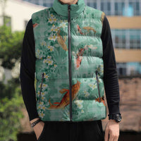 Green Palaka Hawaiian And Japanese Sleeveless Puffer Jacket Sakura Lei With Koi Fish - Polynesian Pride