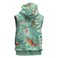 Green Palaka Hawaiian And Japanese Sleeveless Zip Hoodie Sakura Lei With Koi Fish - Polynesian Pride