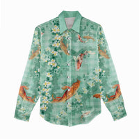 Green Palaka Hawaiian And Japanese Women Casual Shirt Sakura Lei With Koi Fish - Polynesian Pride