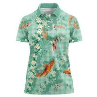 Green Palaka Hawaiian And Japanese Women Polo Shirt Sakura Lei With Koi Fish DT05 Female Green - Polynesian Pride